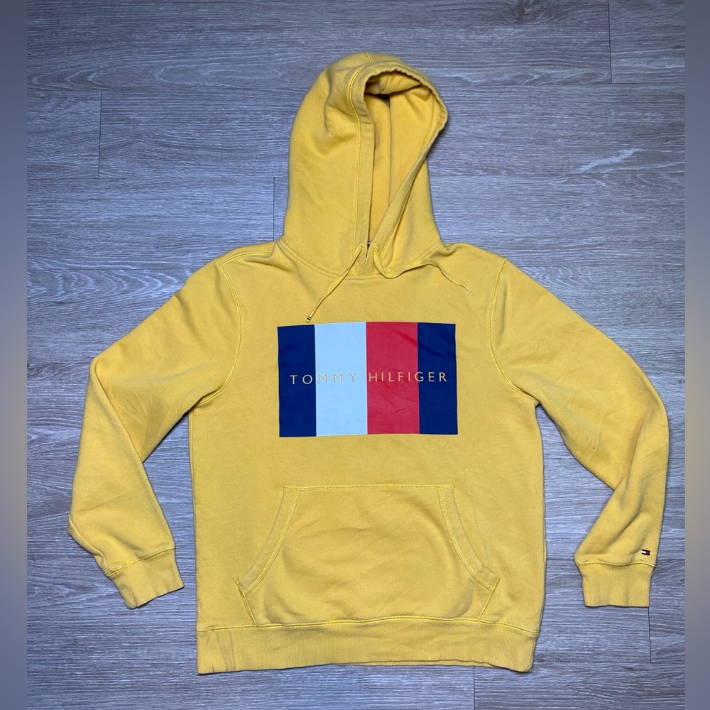 Vintage 90’s Style Tommy Hilfiger Quinn Logo Fleece Pullover Hoodie Men’s MEDIUM - Picture 1 of 8